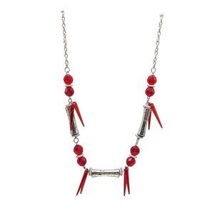Red Silver Beaded Necklace With Geometric Accents And Chain No Clasp